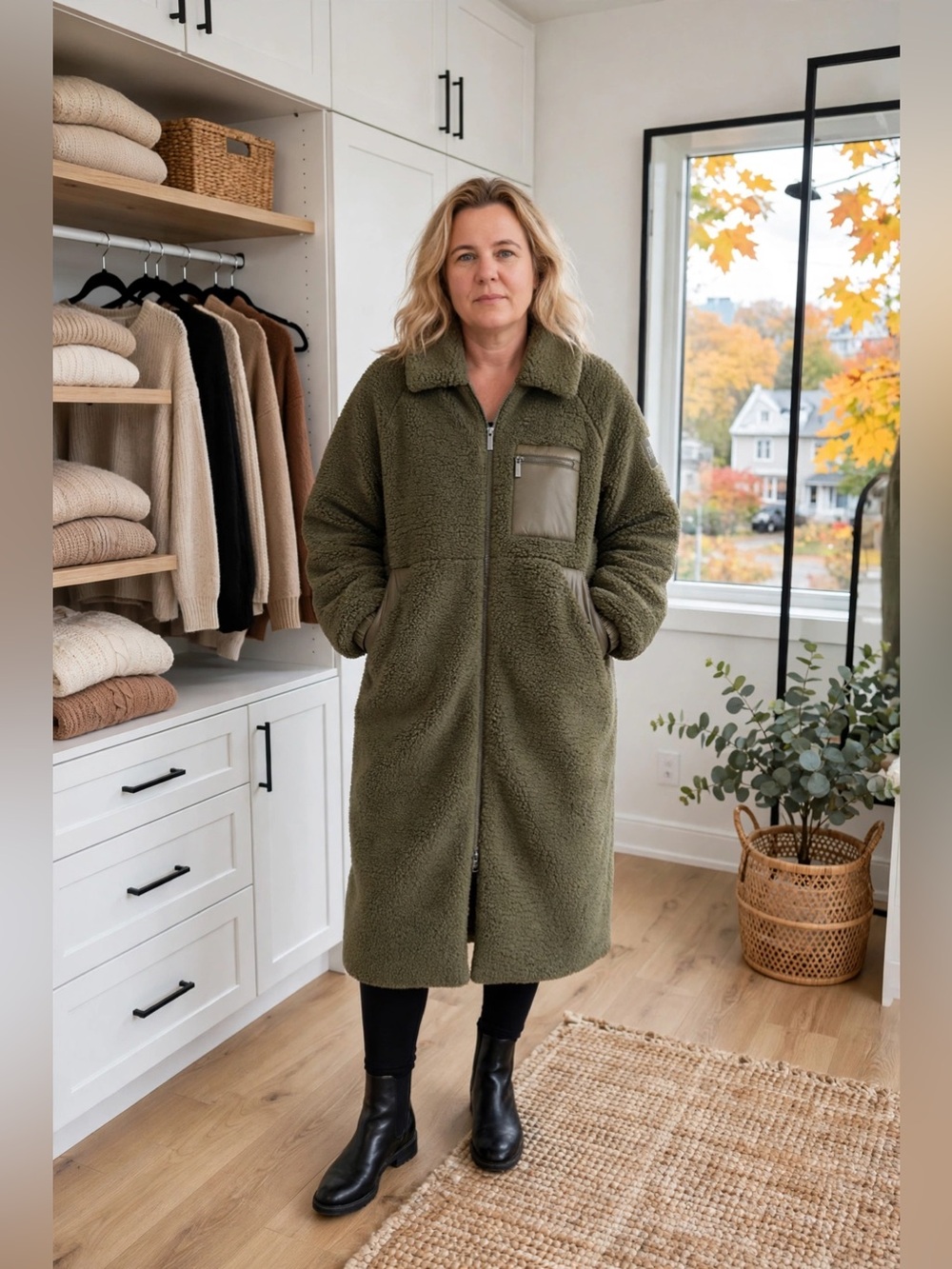 DKNY Olive Green Teddy Oversized Long Coat with Zip Pocket